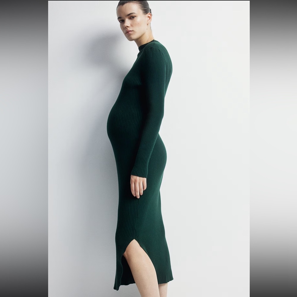 H&M Women’s Maternity MAMA RIB-KNIT MOCK TURTLENECK DARK GREEN LONG SLEEVE DRESS